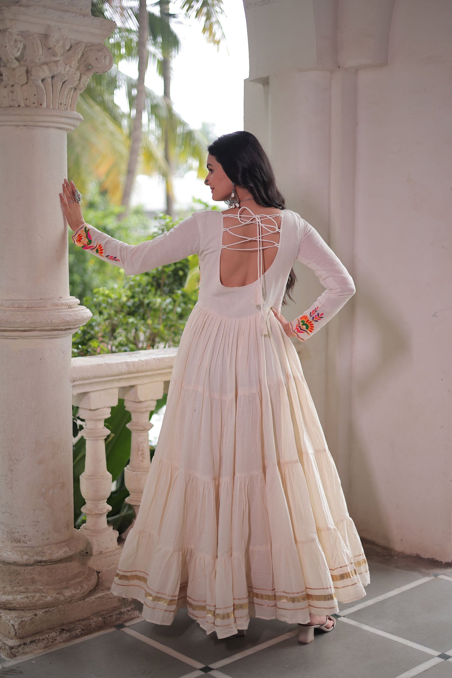Lorenvalley Fashion Offwhite Kora Cotton with Multi Thread Embroidered & Gota patti Work Gown
