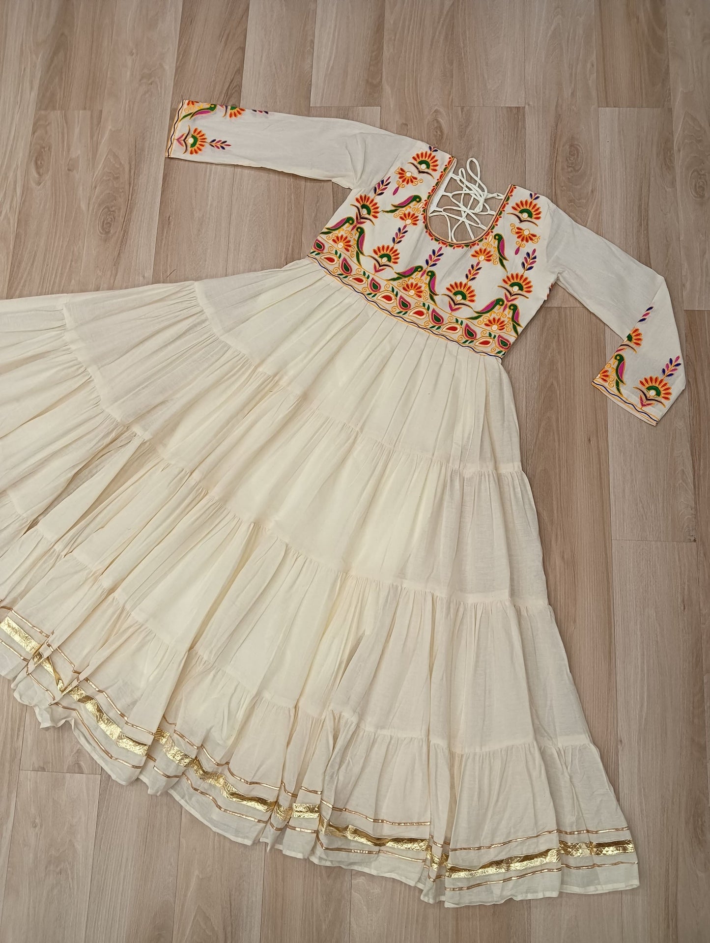 Lorenvalley Fashion Offwhite Kora Cotton with Multi Thread Embroidered & Gota patti Work Gown