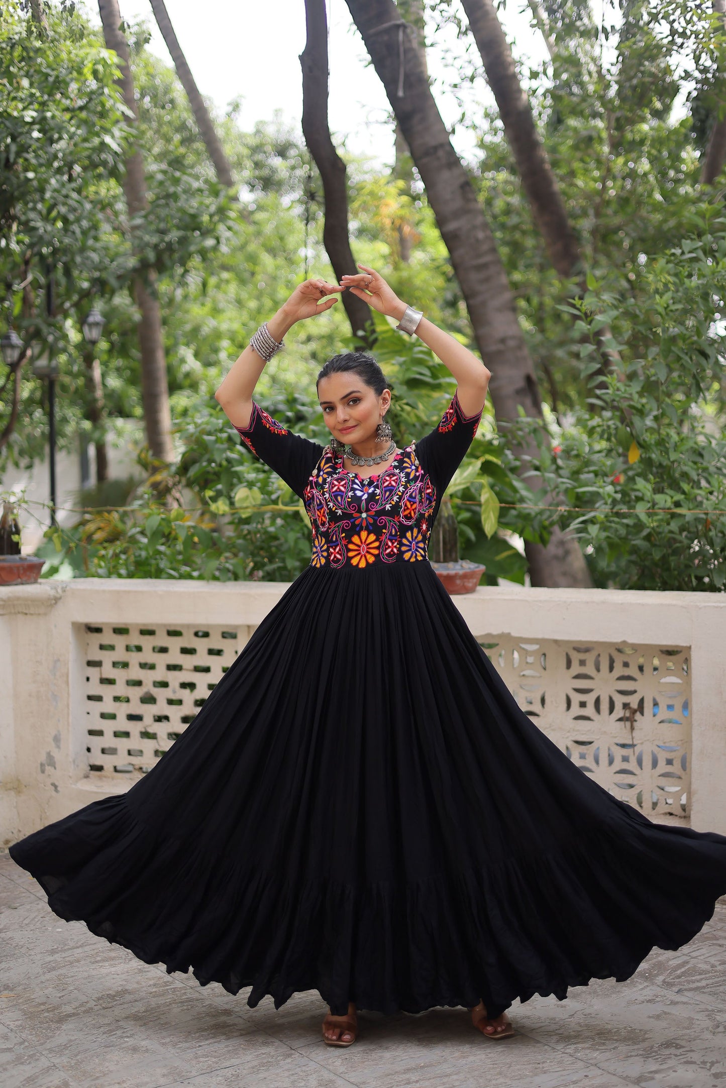 Lorenvalley Fashion Black Rayon with Kutchi Gamthi Embroidered Thread Work Gown