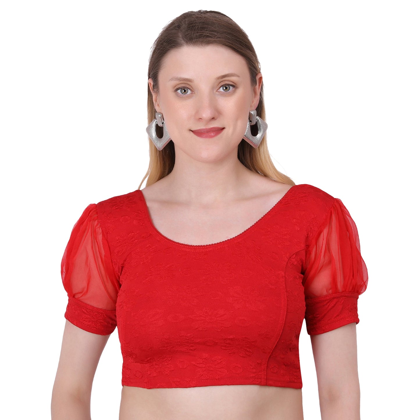 Vamika Cotton Lycra Stretchable Fabric Red Balloon Sleeves Blouse