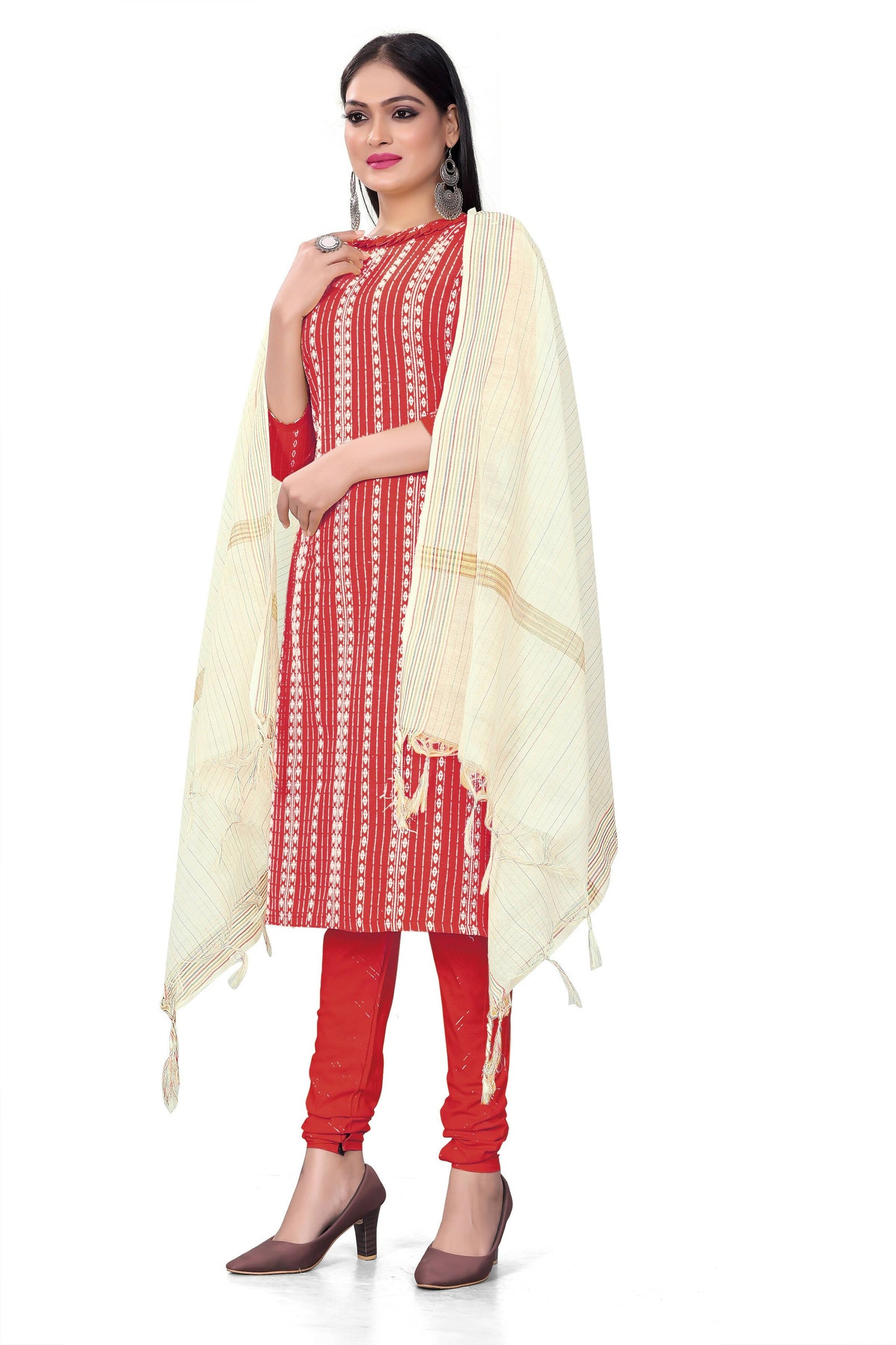 Red Cotton Jacquard Woven Unstitched Dress Material - Amara