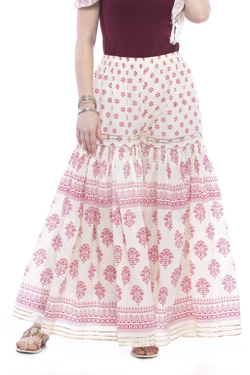 Mominos Fashion Cotton Block Print With Lace Work Off White Maroon Color Prints Palazzo