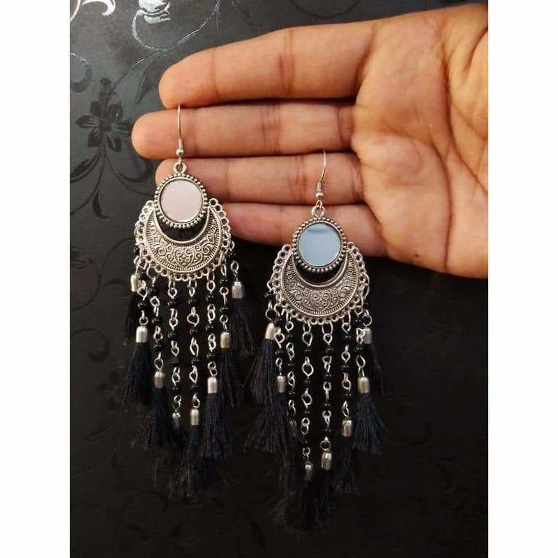 MS Fashion India Oxidized Silver Half Moon Style Earrings With Silk Threads