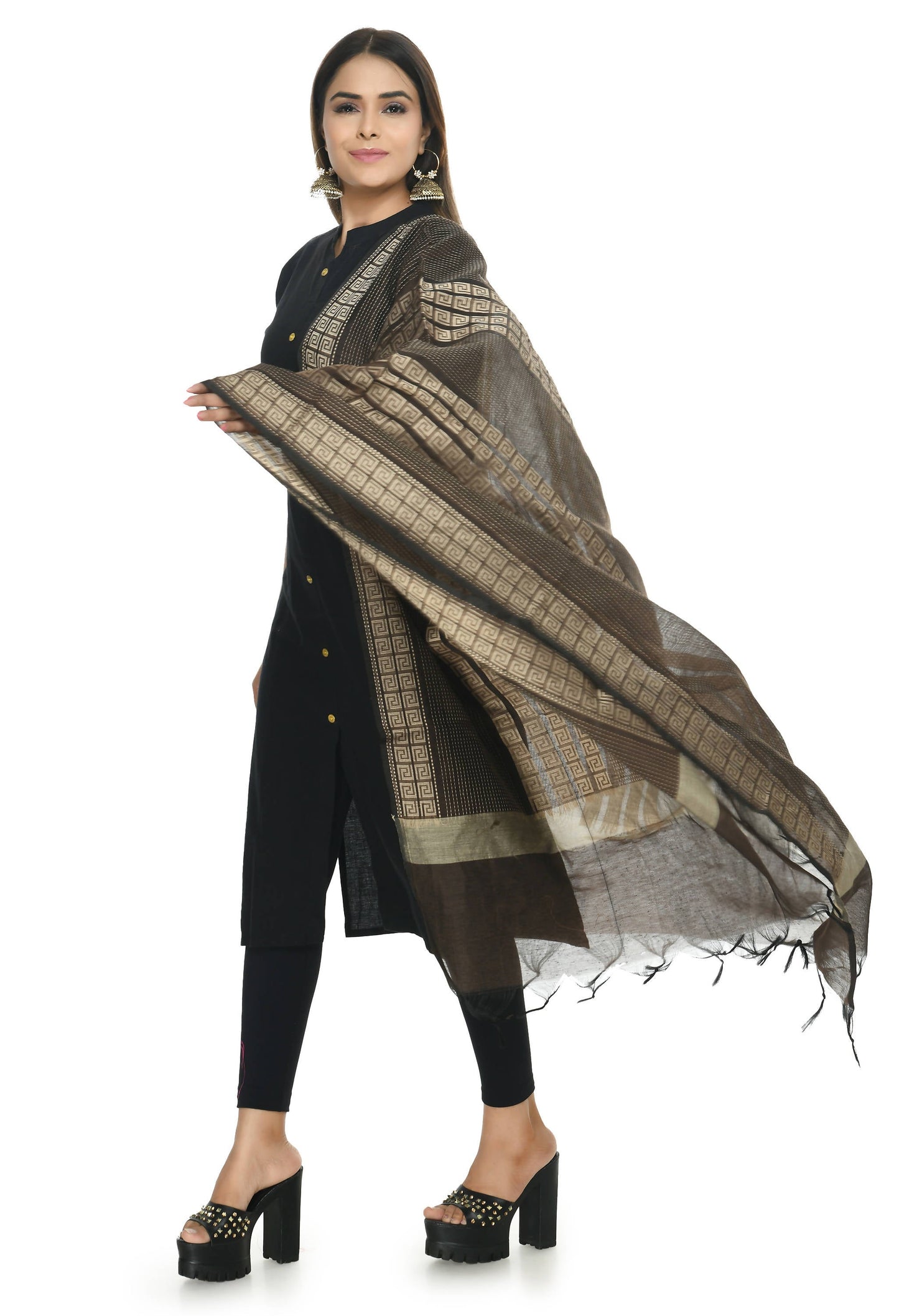 Mominos Fashion Moeza Handloom Cotton Brown Dupatta