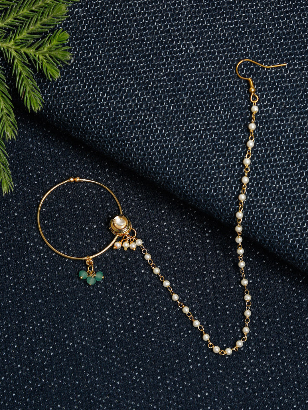Gold-Polished Kundan Nose Ring - Ruby Raang