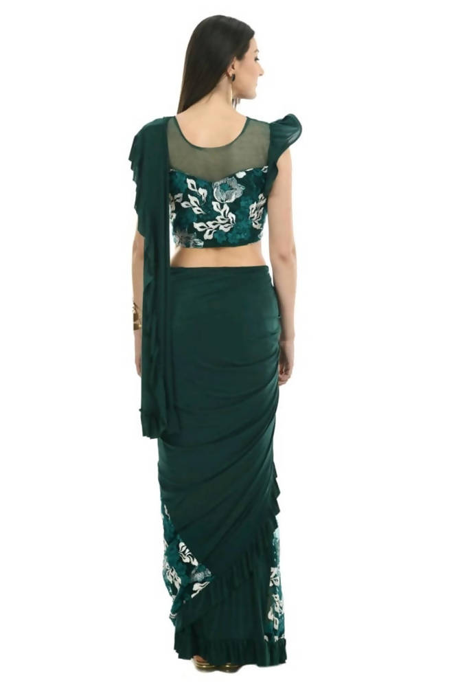 Mominos Fashion All Season Wear Bottle Green & White Thread Embroidered Ruffled Ready To Wear Saree