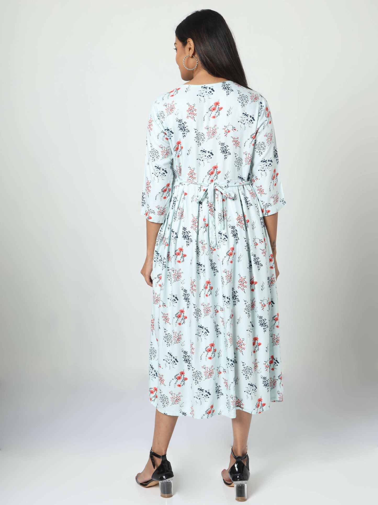 Manet Three Fourth Maternity Dress Floral Print With Concealed Zipper Nursing Access - Pista Green
