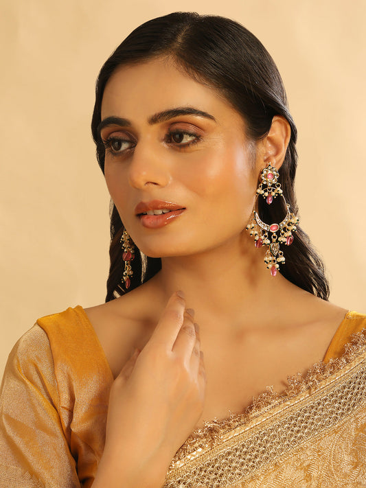 Nuyug 22K Gold Plated Crescent Kundan Drop Pink Stone Chandbali Earrings