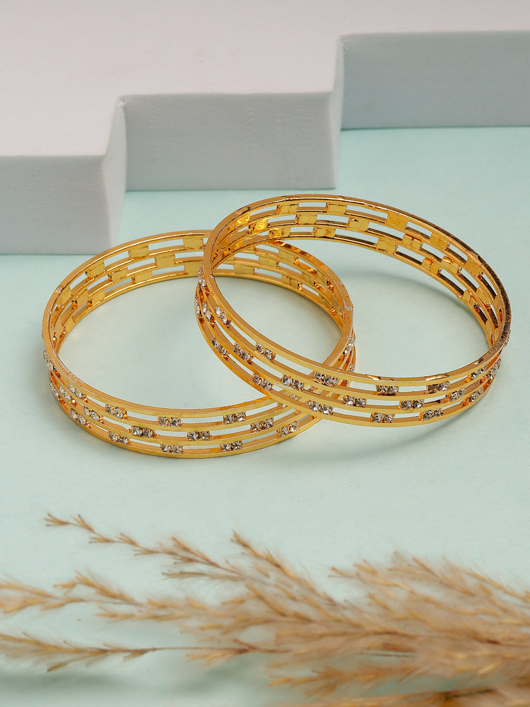 NVR Women's Set of 2 Gold-Polished Cubic Zirconia Stone Studded Bangles