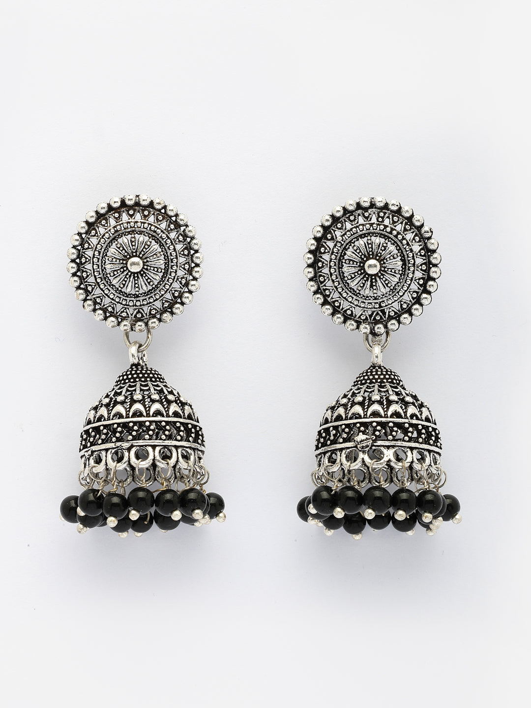 NVR Women's Oxidized Silver Plated Black Artificial Beads Jhumka Earrings