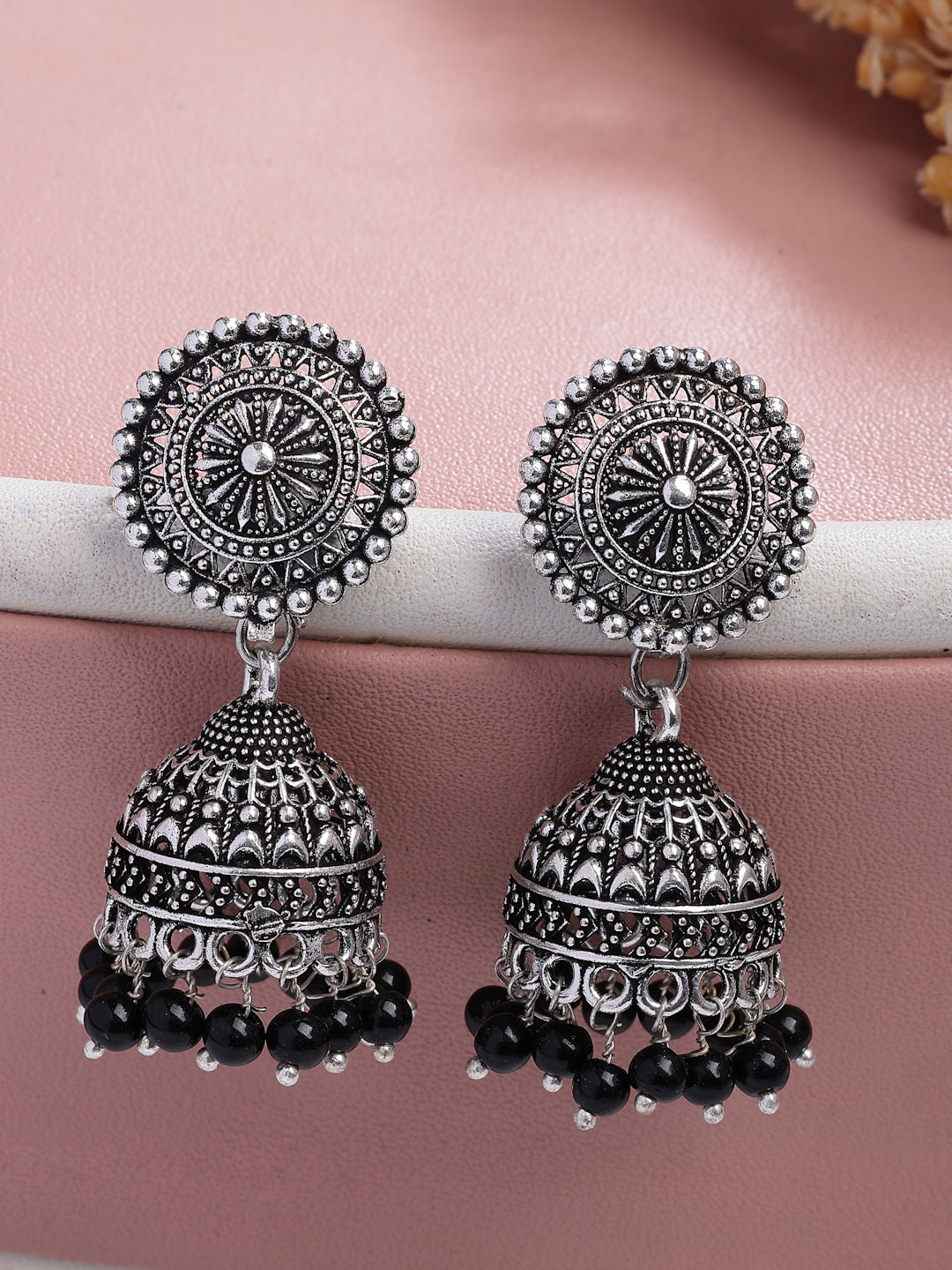 NVR Women's Set of 3 Traditional Silver Plated Oxidized Jhumka Earrings