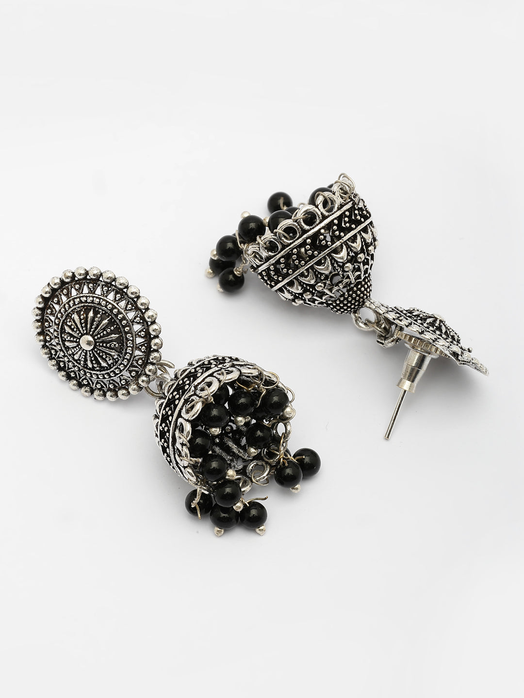 NVR Women's Set of 3 Traditional Silver Plated Oxidized Jhumka Earrings
