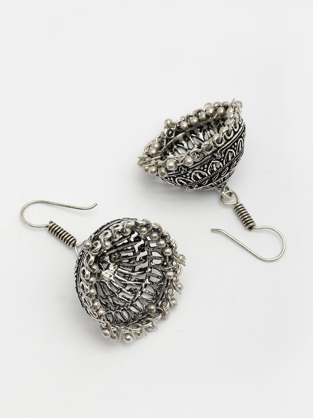 NVR Women's Set of 3 Traditional Silver Plated Oxidized Jhumka Earrings
