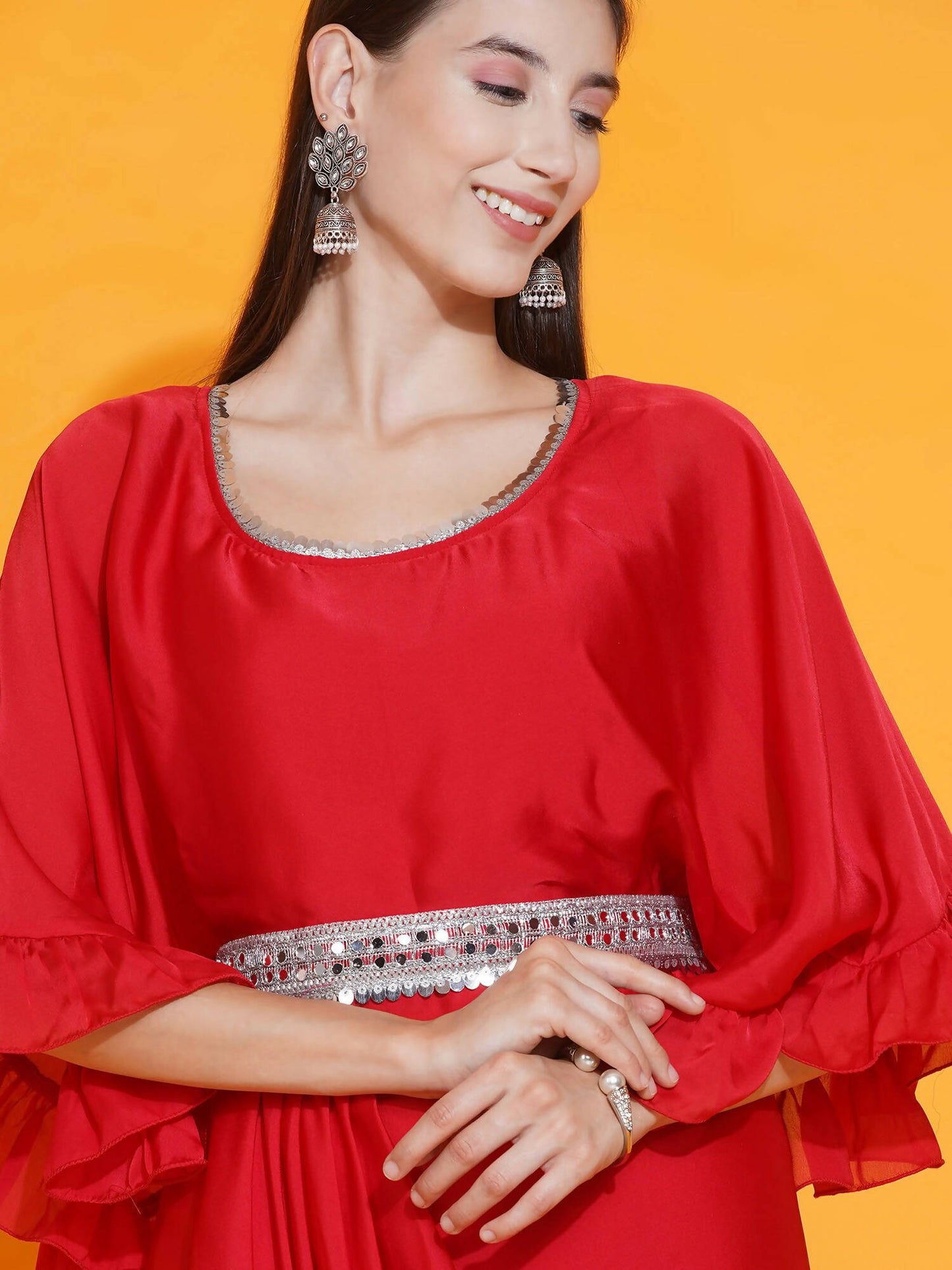 Women Republic Red Georgette Gown With Embellished Belt