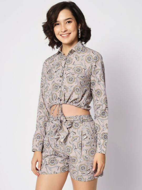 Grey Crepe Floral Printed Top with Matching Shorts Set - Shivani