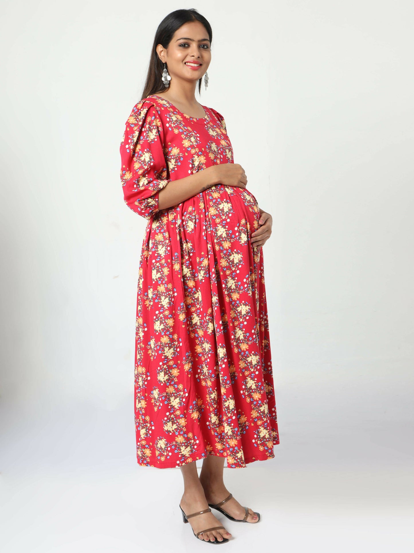 Manet Three Fourth Maternity Dress Floral Print With Concealed Zipper Nursing Access - Red