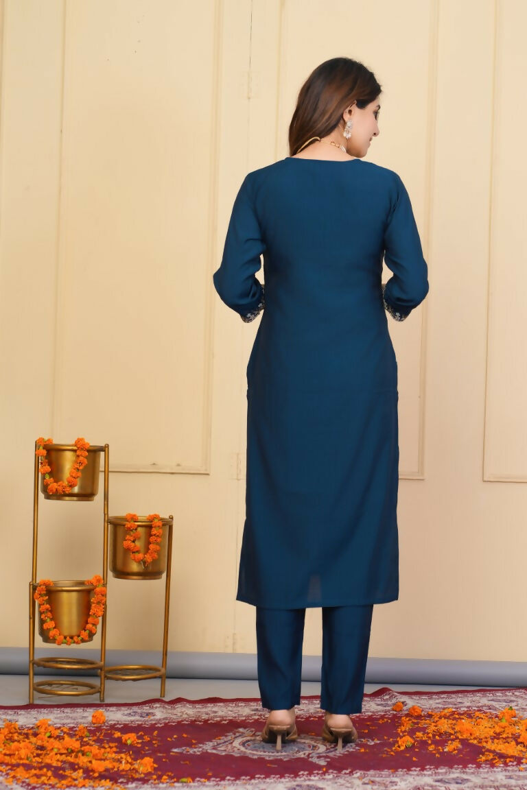 Blue Viscose Chanderi Embroidered Stitched Suit With Dupatta - Tanisha
