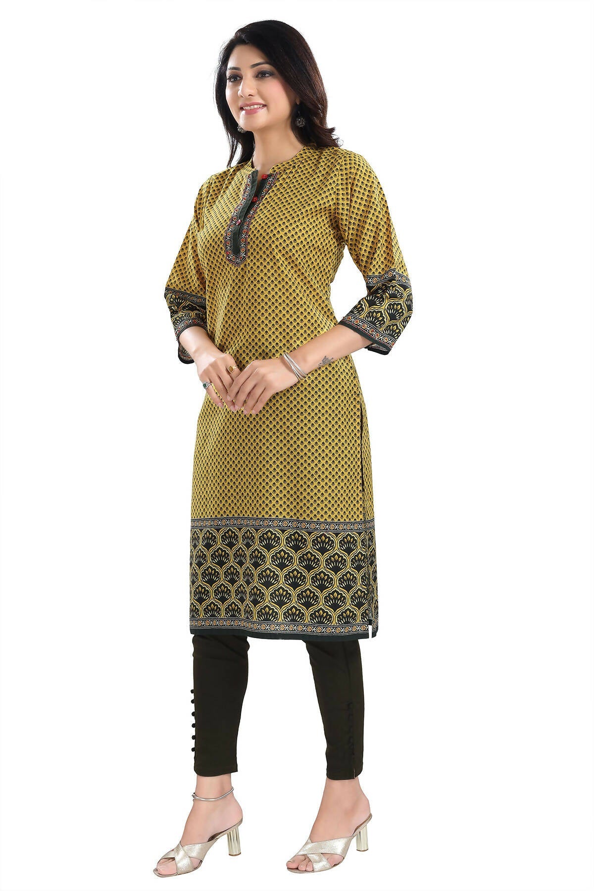 Snehal Creations Yellow Designer Digital Print Cotton Slub Fabric Long Kurti Tunic