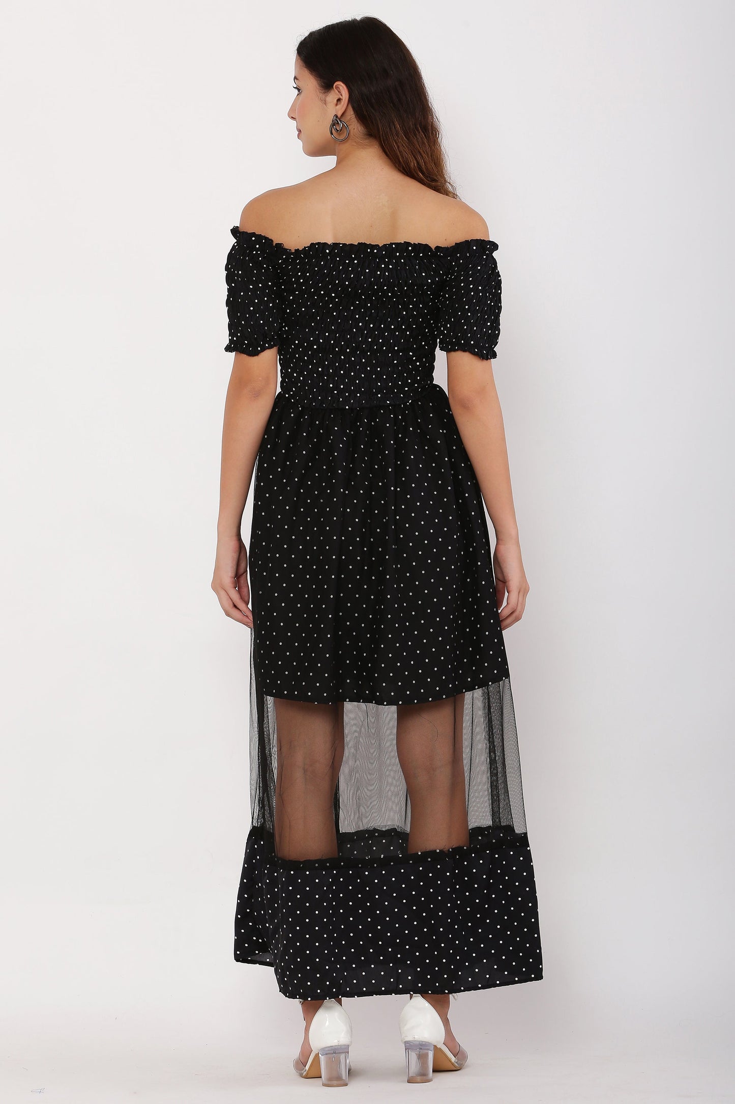 PAVONINE Black Color Micro Dot Net Kansai Dress For Women