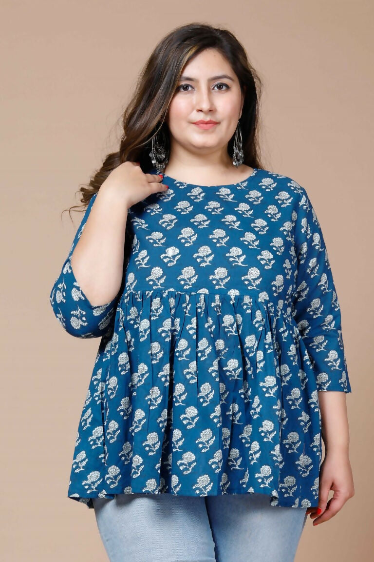Miravan Women's Blue Plus Size Cotton Floral Printed Short Kurti
