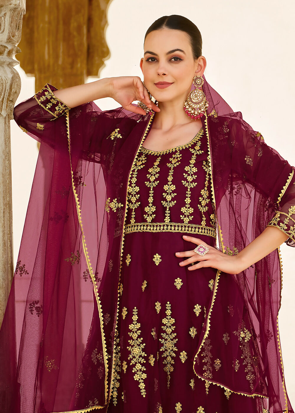Heavy Stone Embroidered Wine Designer Anarkali Suit - Emponline