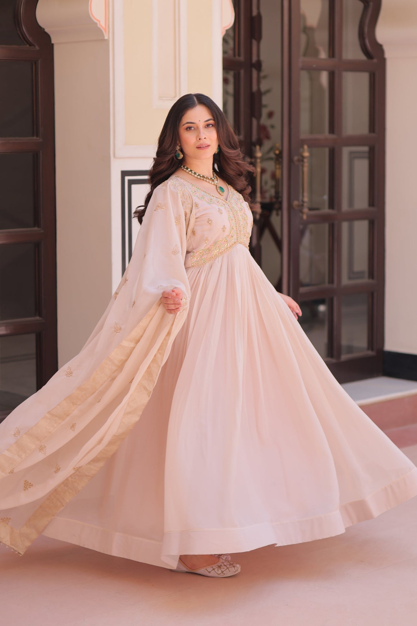 Lorenvalley Fashion Peach Star Georgette with Beads & Sequins Multi Embroidered work Anarkali Gown with Dupatta