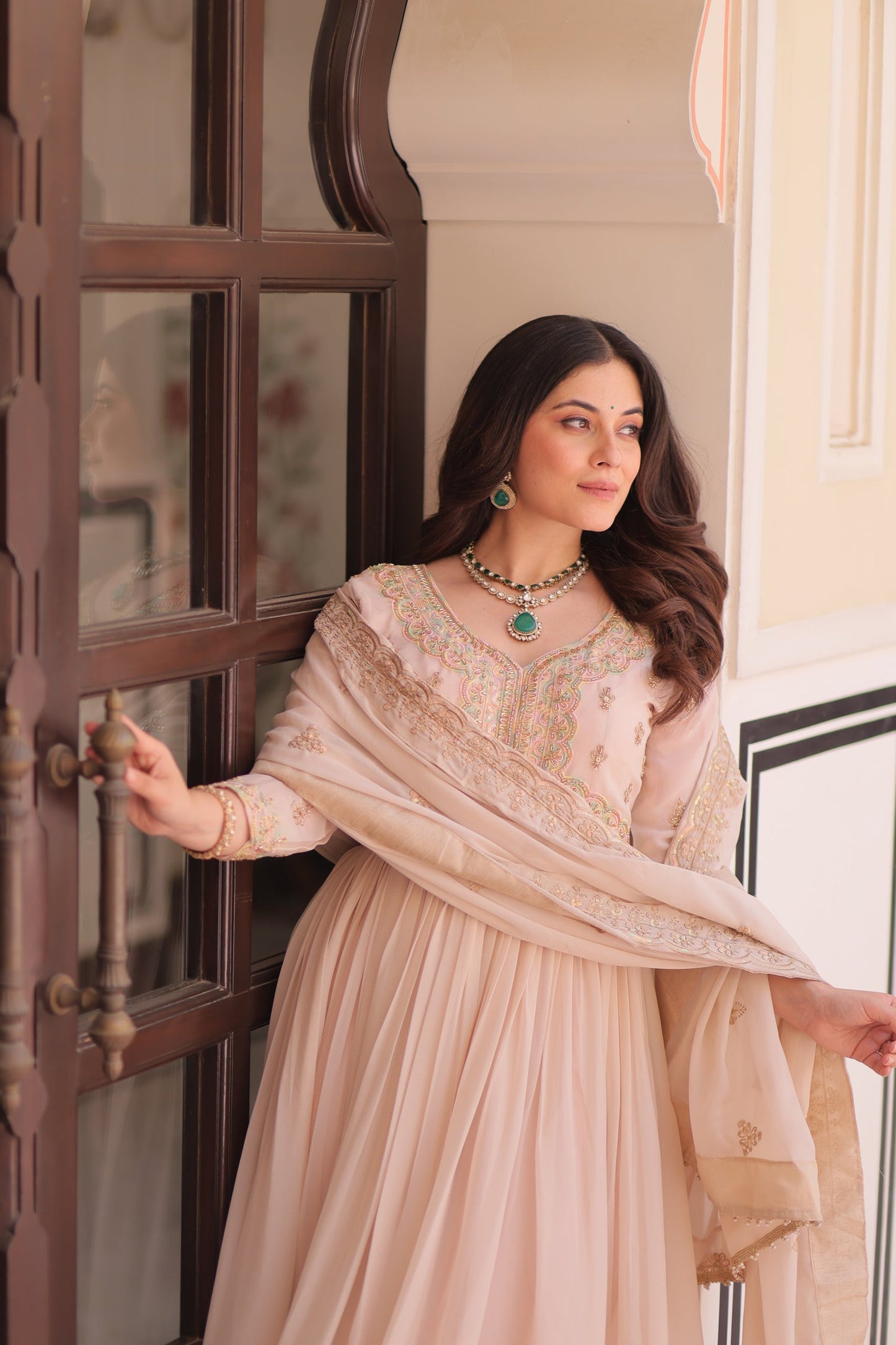 Lorenvalley Fashion Peach Star Georgette with Beads & Sequins Multi Embroidered work Anarkali Gown with Dupatta