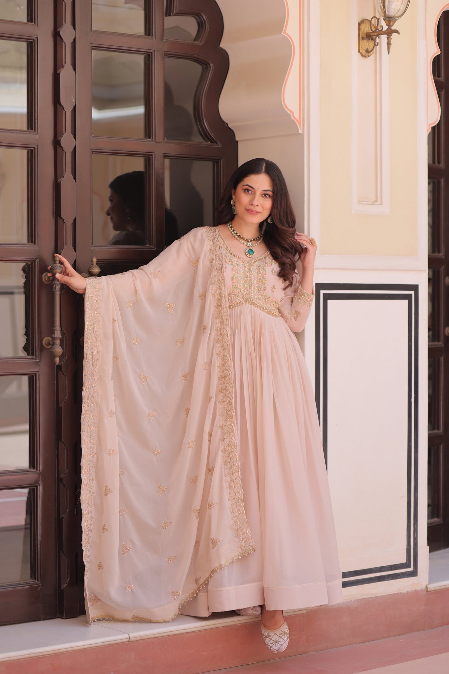 Lorenvalley Fashion Peach Star Georgette with Beads & Sequins Multi Embroidered work Anarkali Gown with Dupatta