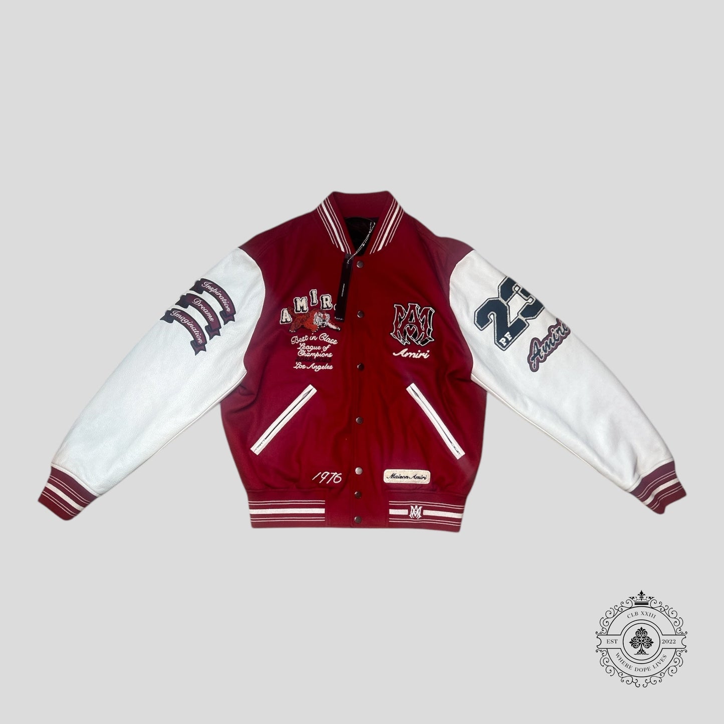 Amiri League of Champions Tiger Patch Varsity Jacket in Red/White