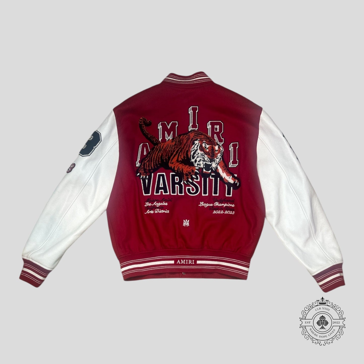 Amiri League of Champions Tiger Patch Varsity Jacket in Red/White
