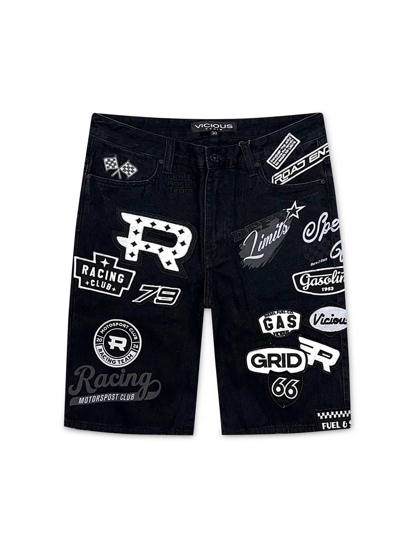Vicious Denim Premium All Over Patches Shorts - Black
