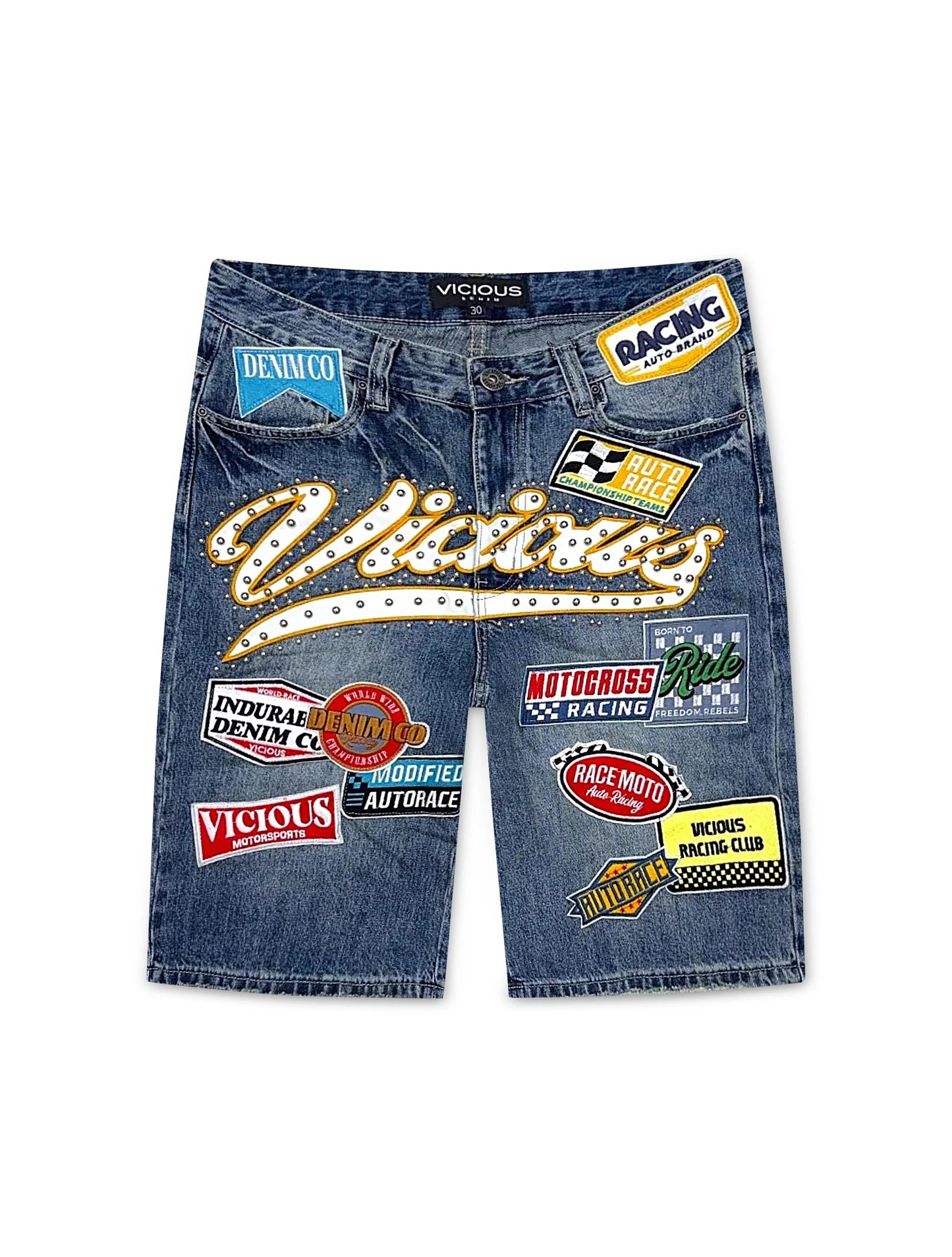 Vicious Denim Patch Shorts - Dark Indigo Blue