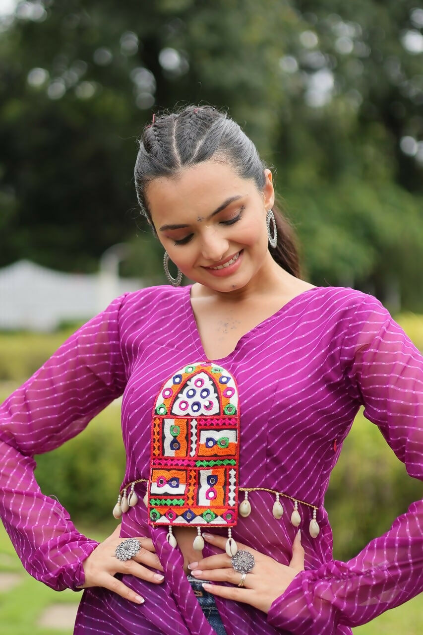 Vastranavya Purple Navratri Special Kutchi Patch Work with Leheriya Printed Kurti