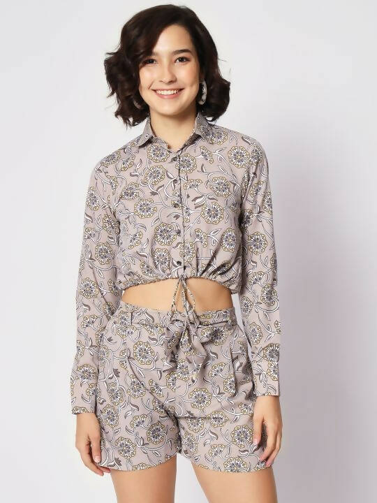Grey Crepe Floral Printed Top with Matching Shorts Set - Shivani