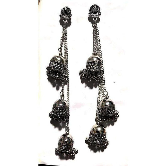 MS Fashion India Antique Silver Long Chain Triple Afghani Hanging Kashmiri Earrings