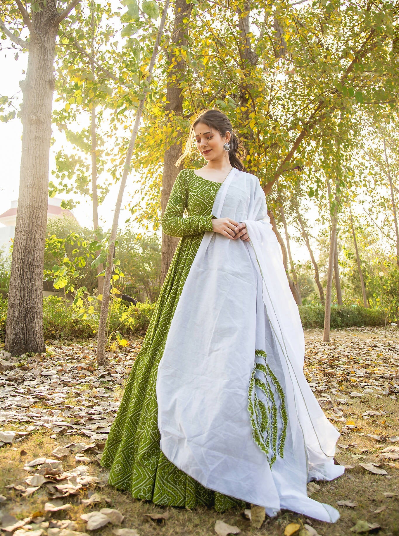 Green Pure Maslin Bandhej Print Work Stitched Suit With Dupatta - Anbazaar
