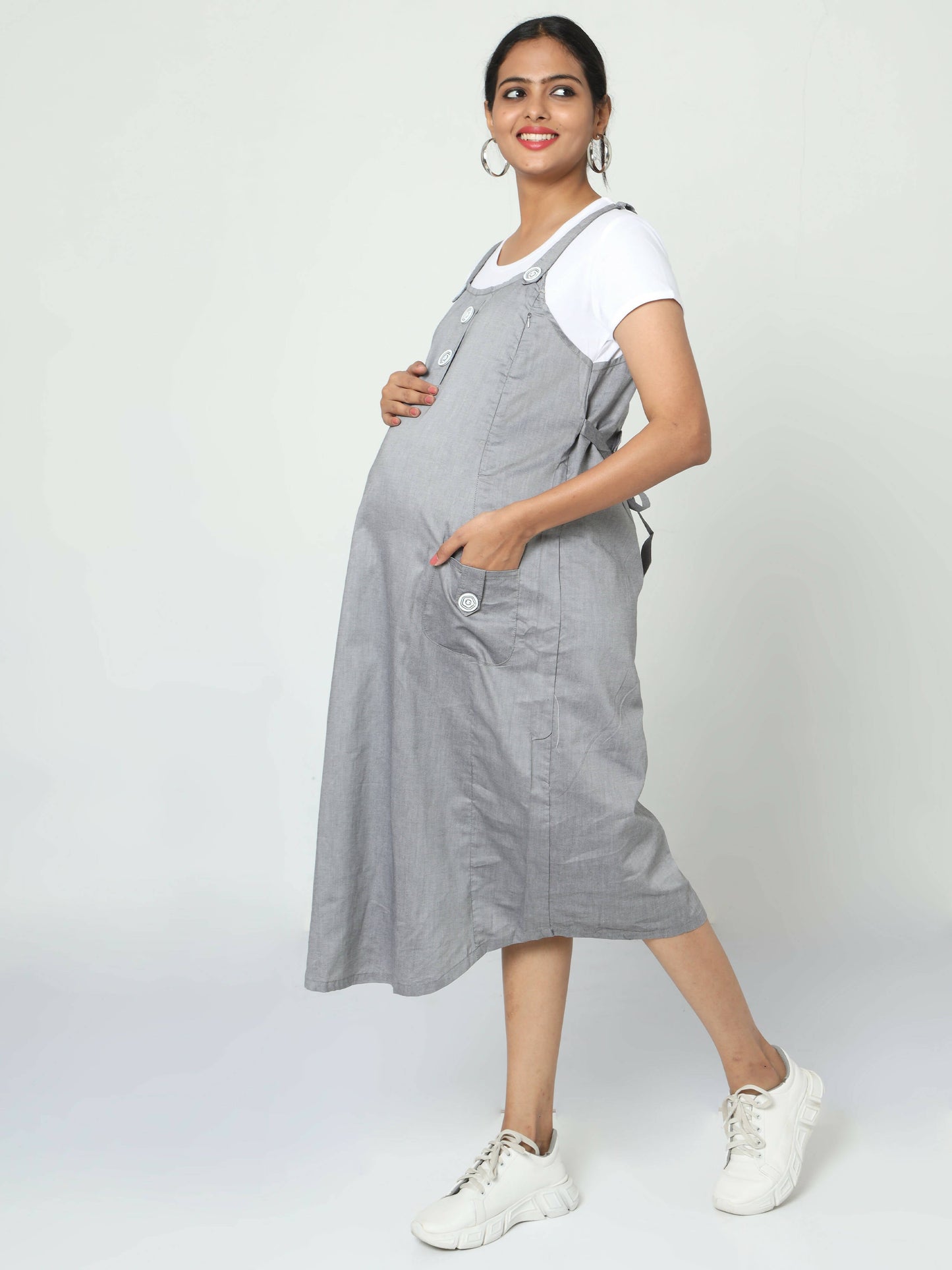 Manet Half Sleeves Solid Maternity Dress With Concealed Zipper Nursing Access - Grey
