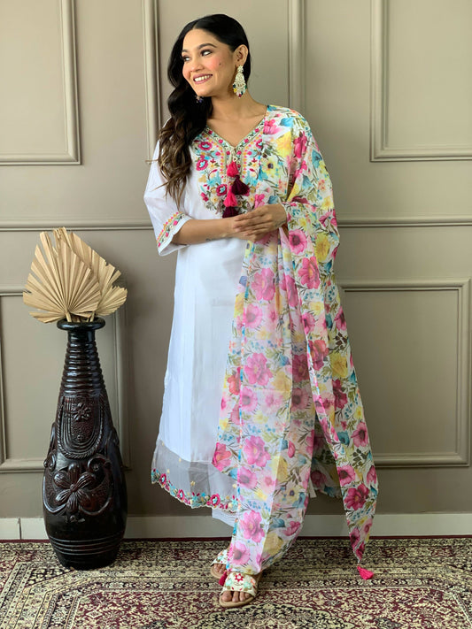 Partywear Designer Chanderi With Cotton Lining White Stitched Suit With Dupatta - Tanisha