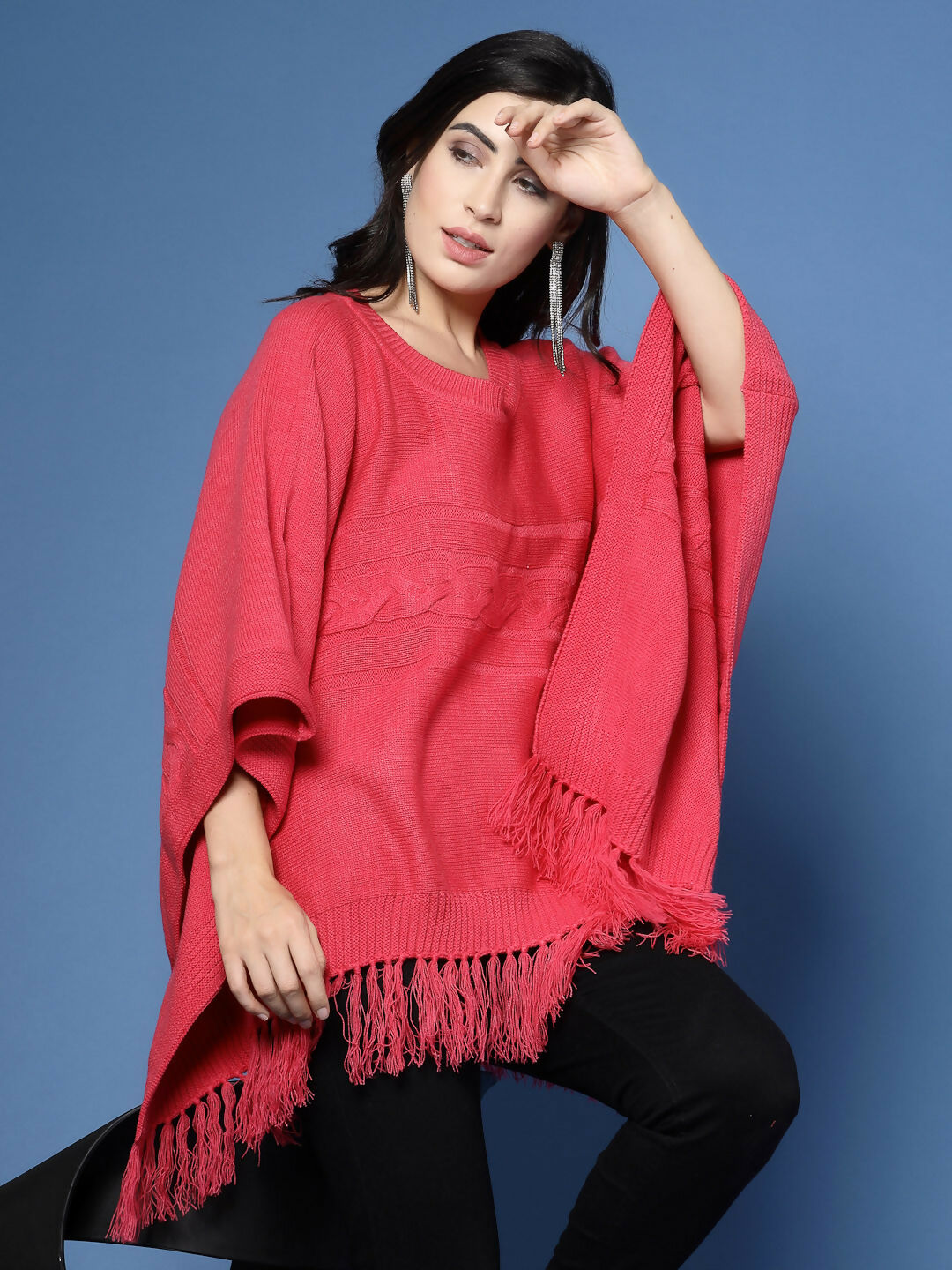 Women Fuchsia Acrylic Self Design Poncho - Wool Trees
