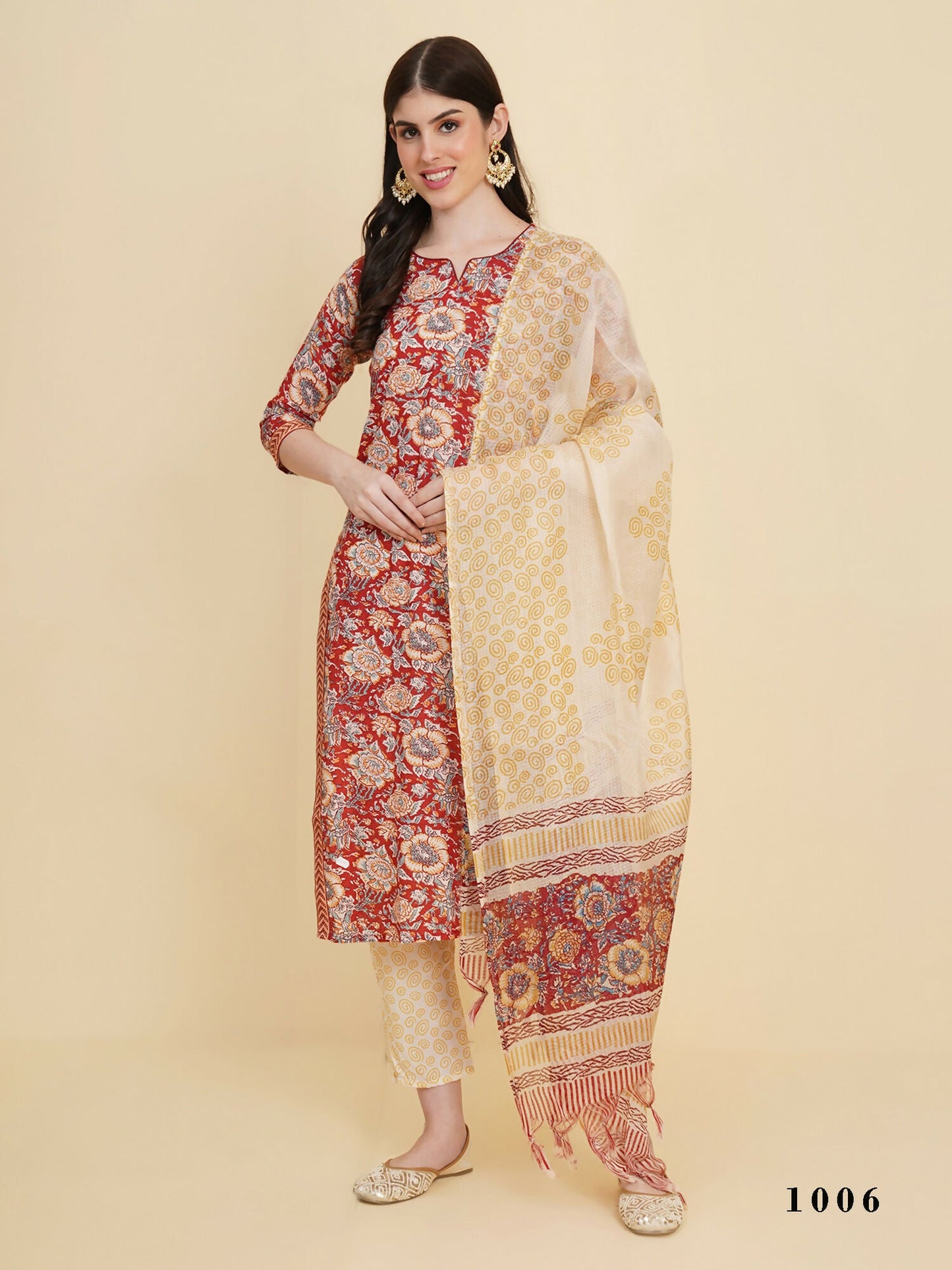 Designer Stylish red Cotton Stitched Suit With Dupatta - Tanisha