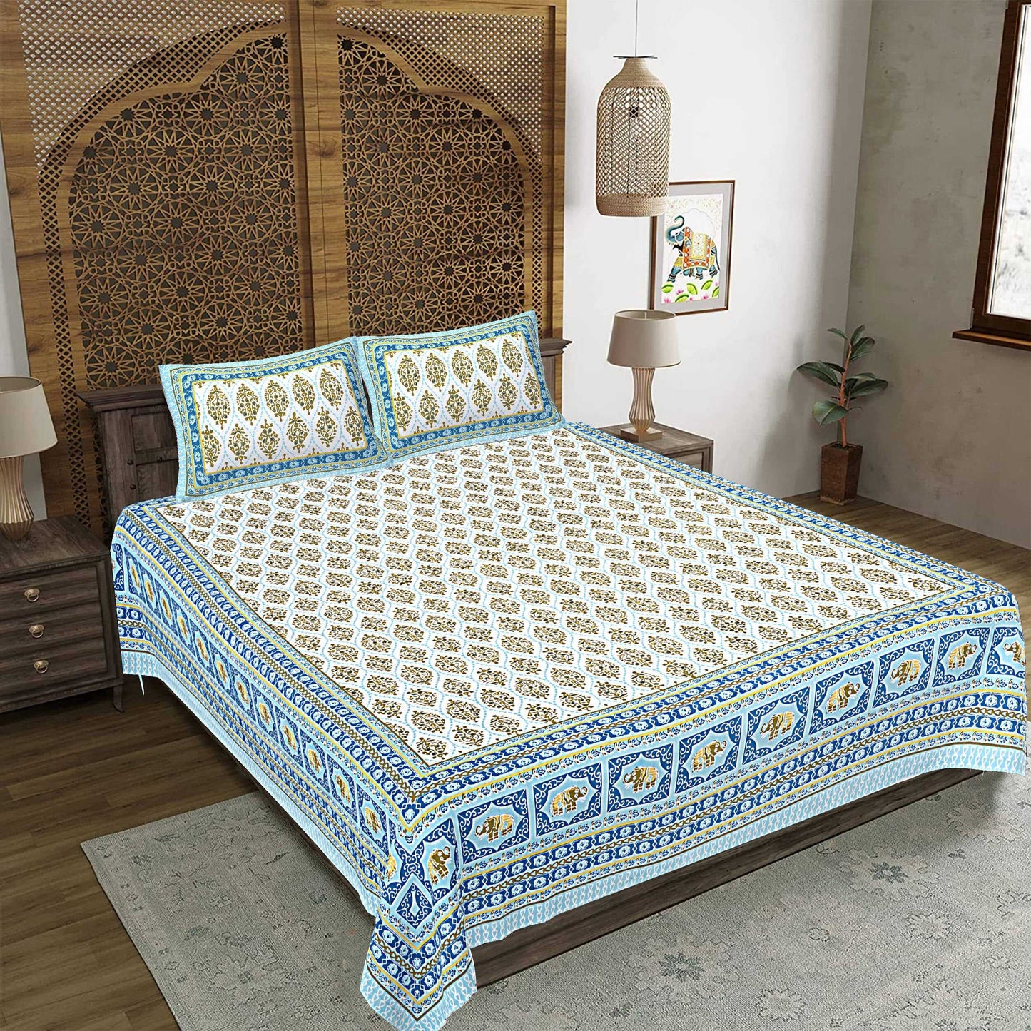 Rudra Bazaar Blue 210 TC Cotton Double King Bedsheet With 2 Pillow Covers