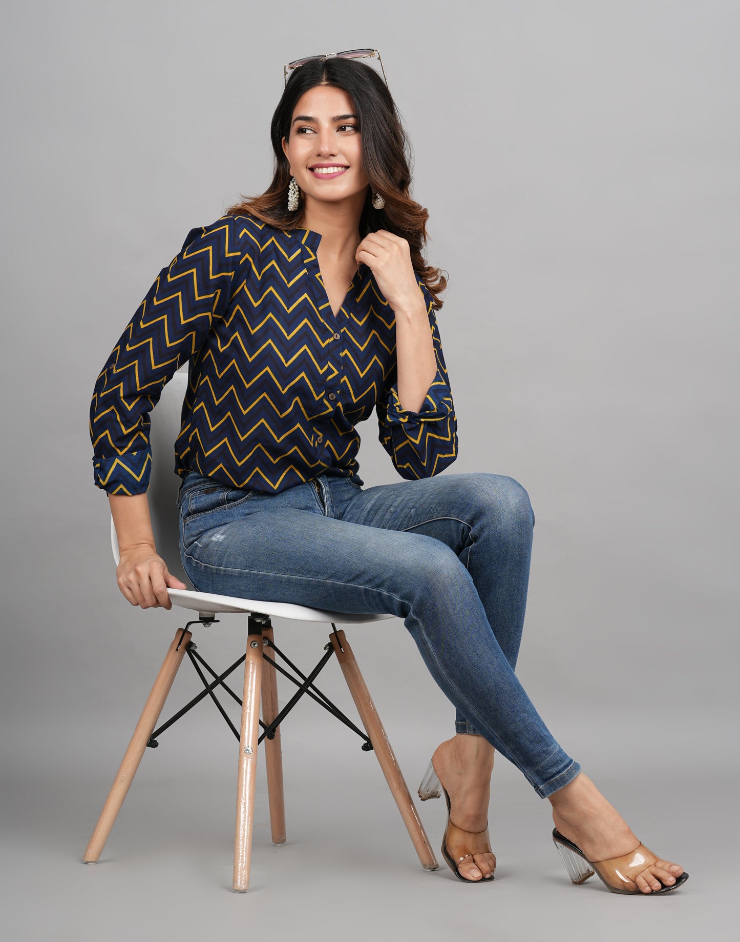 House of RP Women Cotton Dark Blue Print Casual Shirt
