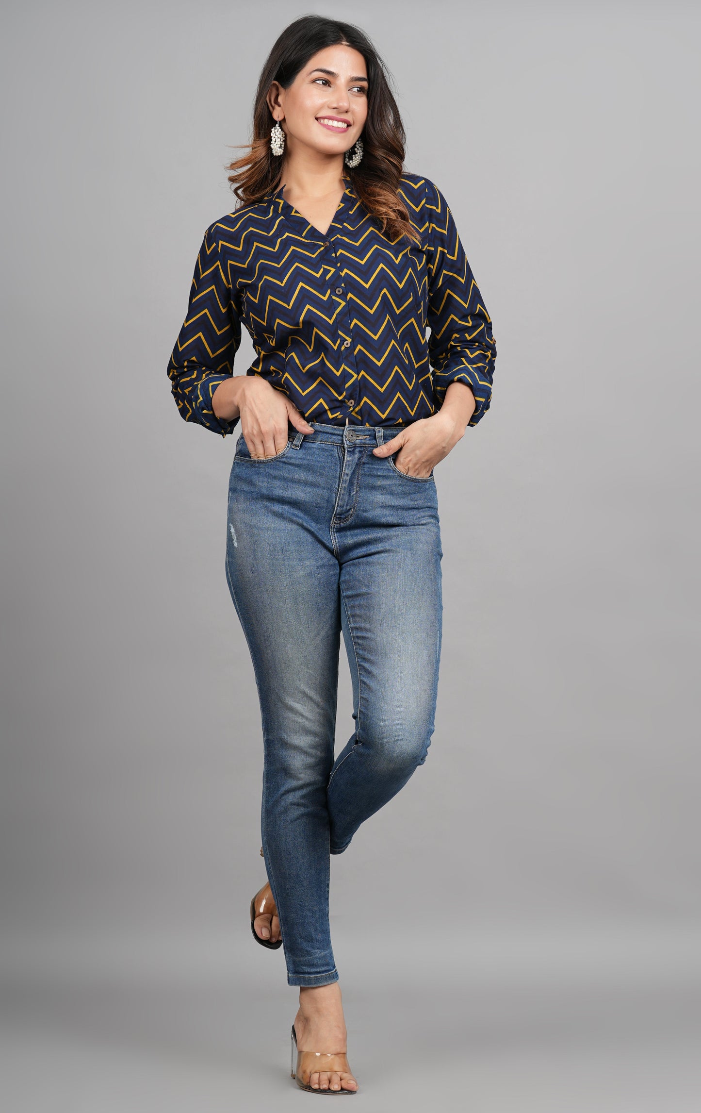 House of RP Women Cotton Dark Blue Print Casual Shirt