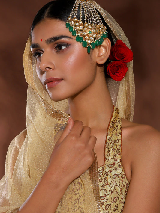 Gold-Polished Green White Kundan Studded Jhoomar Passa - Ruby Raang
