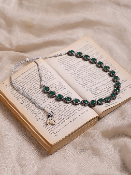 Green Silver-Toned Brass Silver-Plated Necklace - Ruby Raang