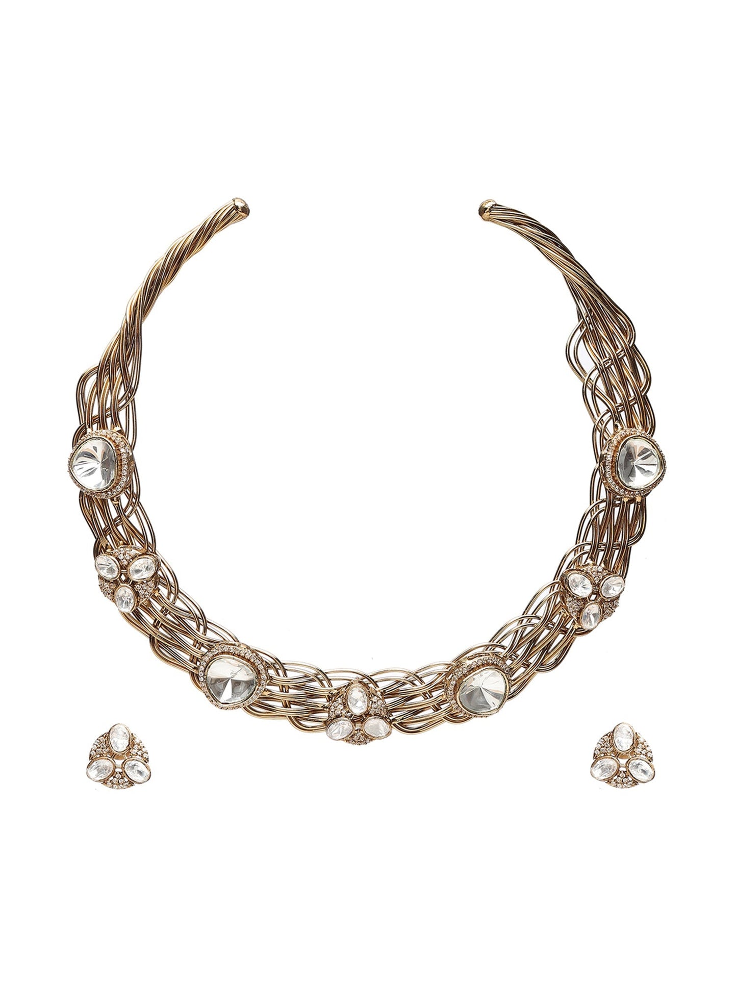 Golden Kundan & Mossainite Hasli Choker with Studs - Ruby Raang