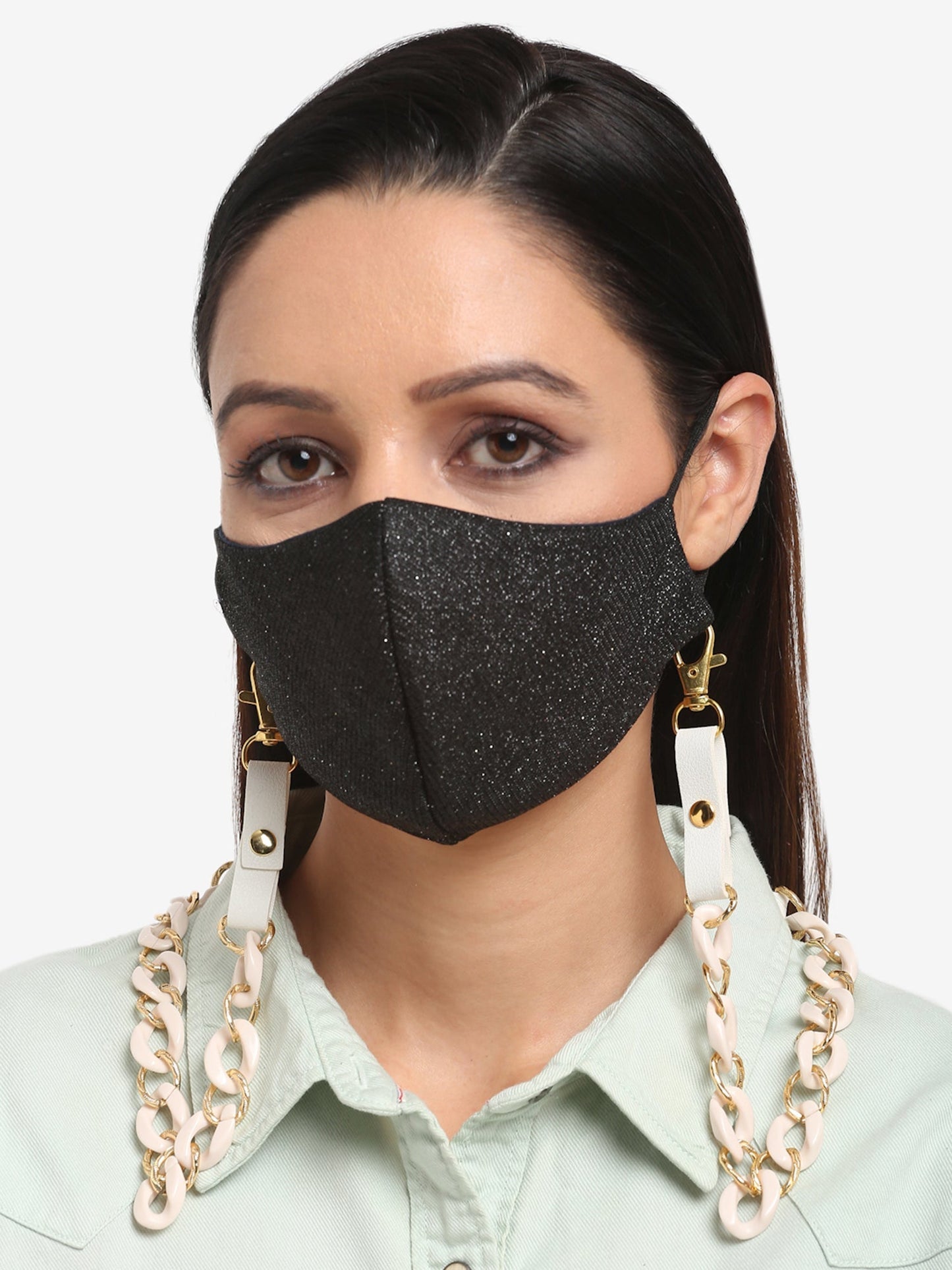 White Gold-Toned Beaded Mask Chain - Ruby Raang