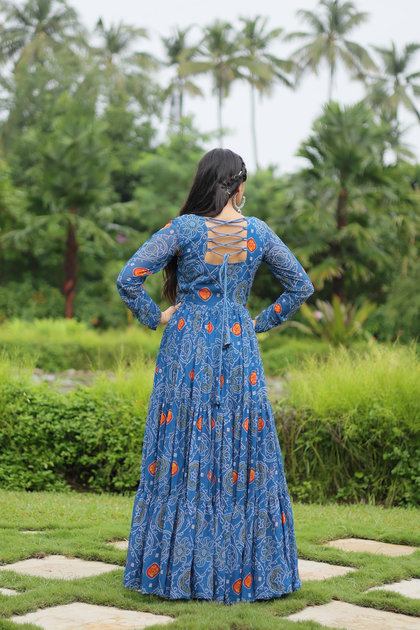 Lorenvalley Rama Faux Georgette Bandhani Print Work With Kutchi Patch Work Gown