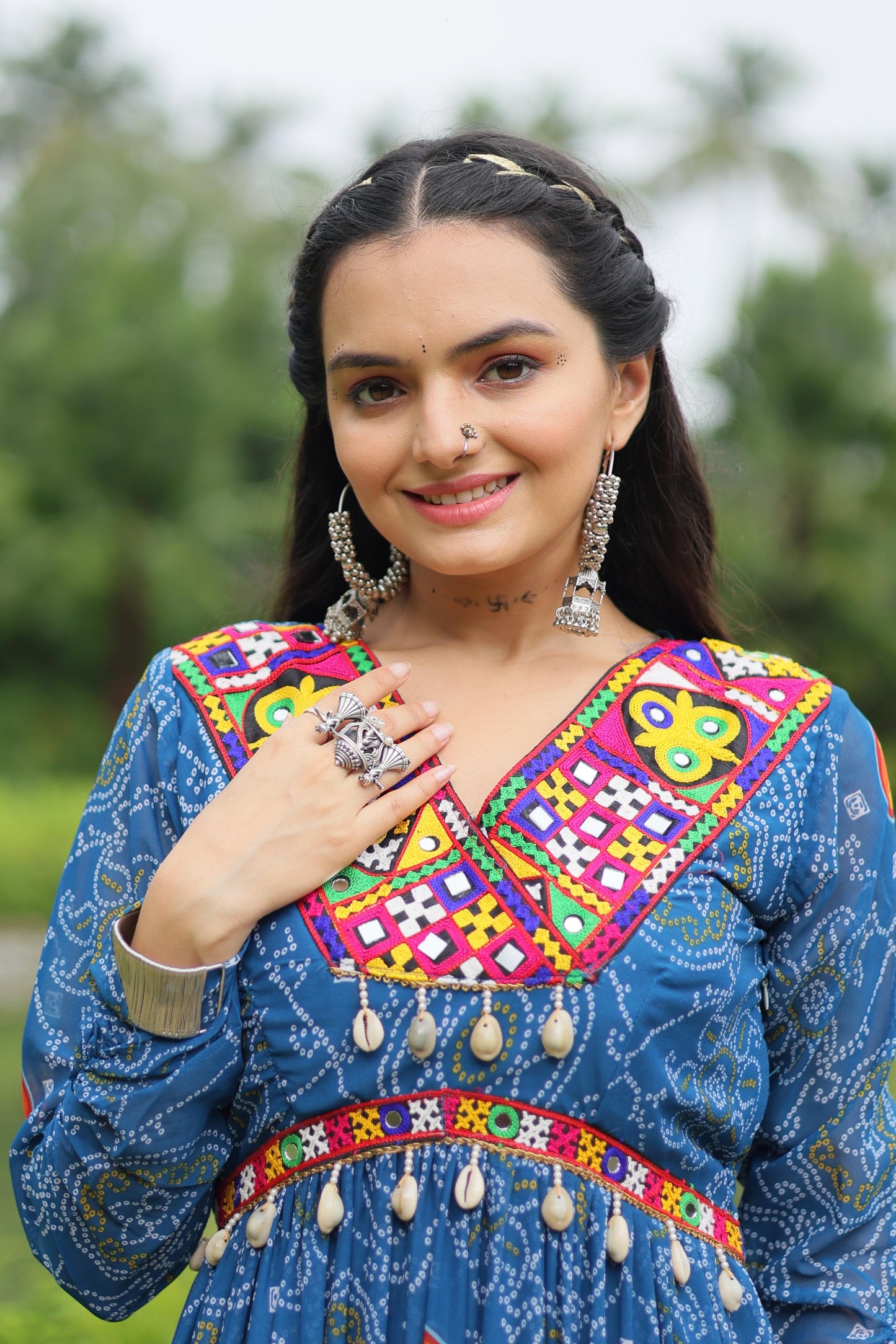 Lorenvalley Rama Faux Georgette Bandhani Print Work With Kutchi Patch Work Gown