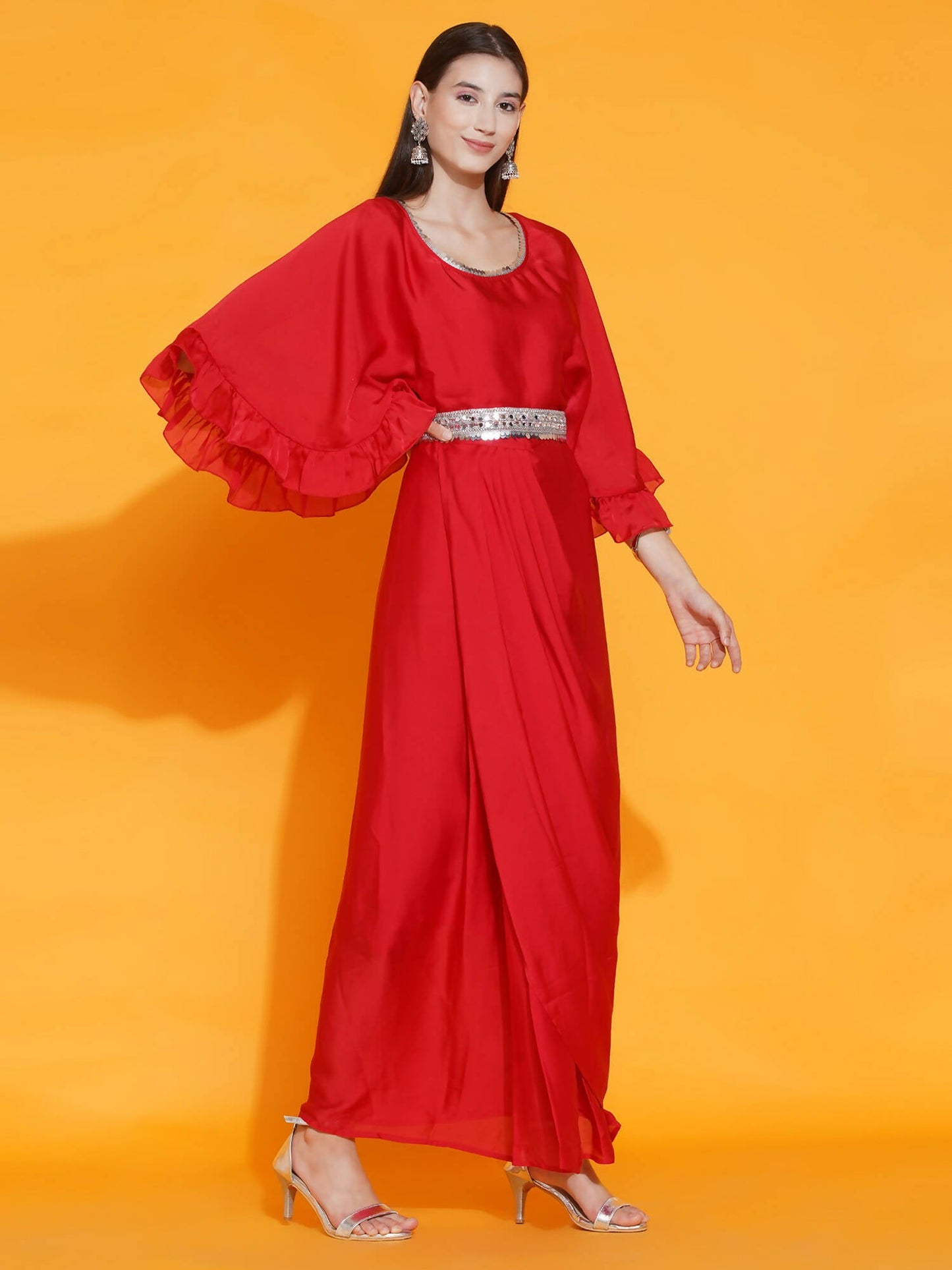 Women Republic Red Georgette Gown With Embellished Belt